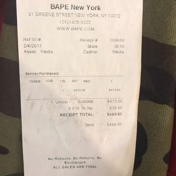bape online receipt